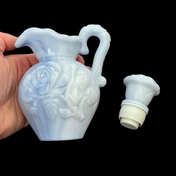 Vintage Avon Blue Milk Glass Pitcher w/ Stopper 1978 Victorian Rose Floral - Picture 5 of 11